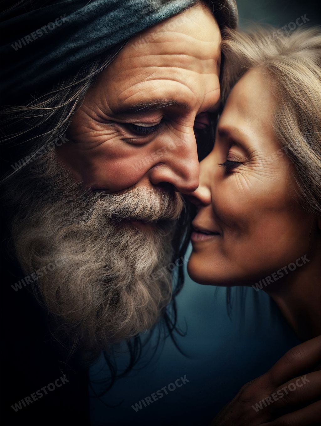 An AI generated illustration of an elderly man and woman sharing a moment of deep connection, their faces reflecting a lifetime of shared stories