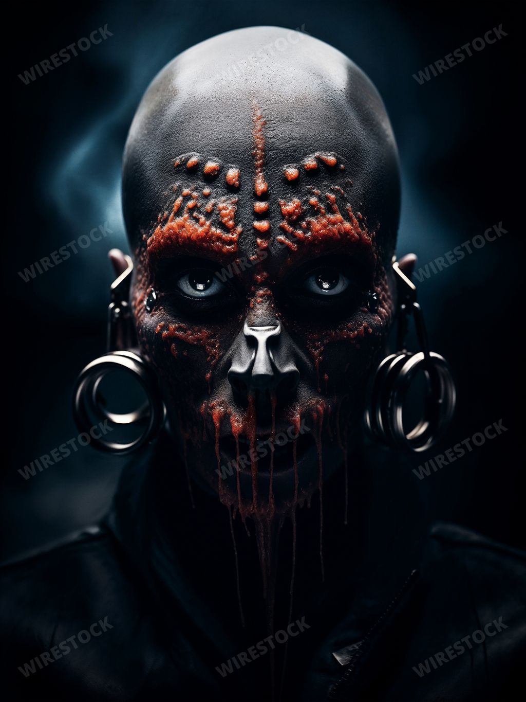 An AI generated illustration of a character with a cybernetic tribal design featuring red markings covering the face, adorned with metallic piercings
