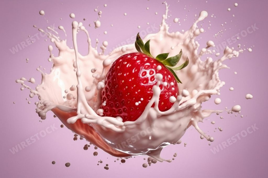 An AI generated illustration of a pink background with a juicy strawberry in a splash of fresh milk