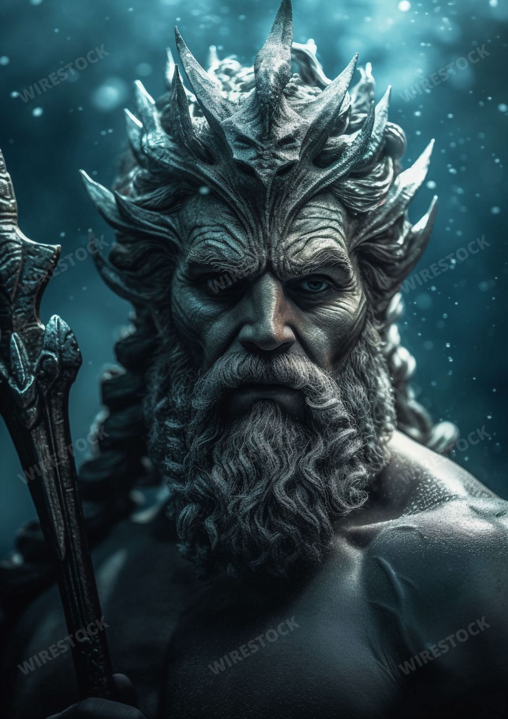An AI generated illustration of a powerful greek god from ancient greek mythology, with an expression of strength and power