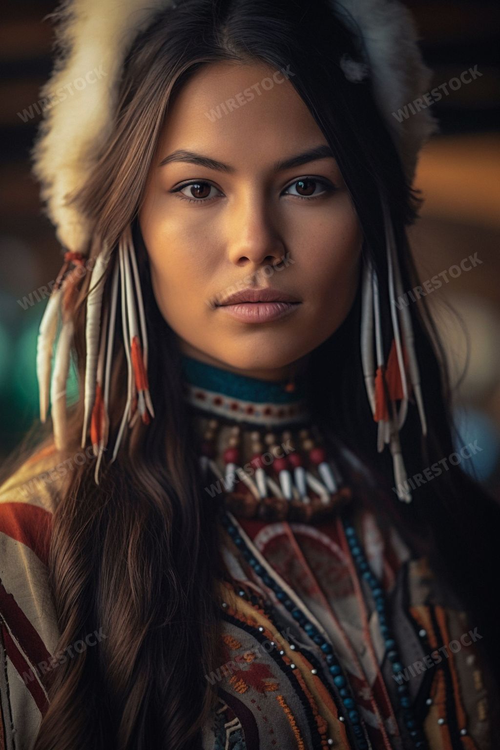An AI generated illustration of a beautiful woman in indigenous American tribal costume