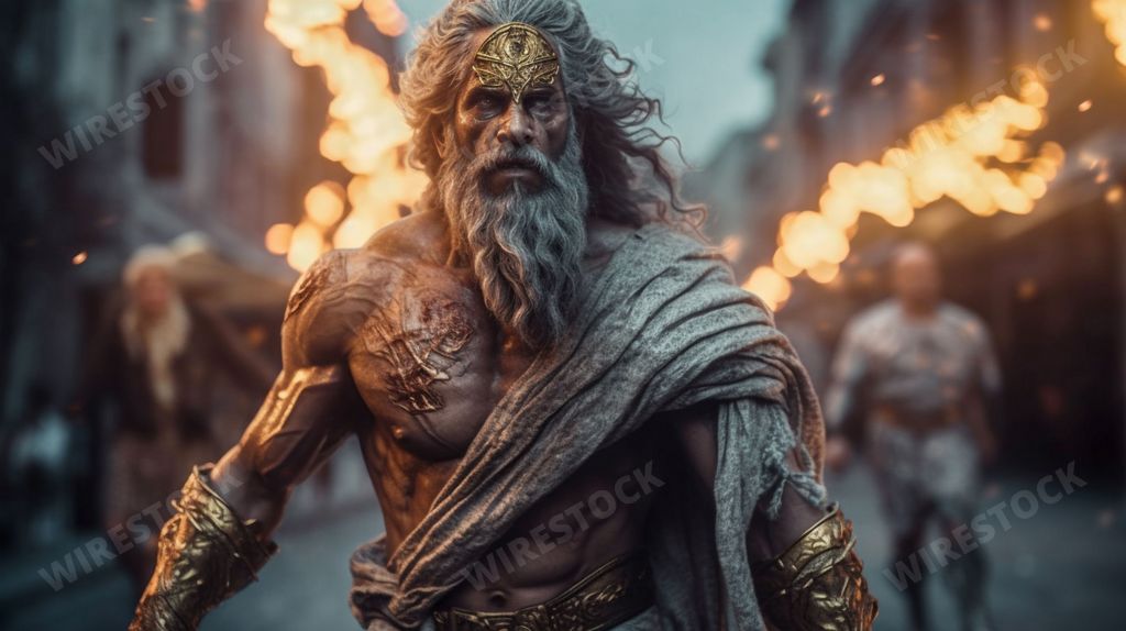 An AI generated illustration of a powerful greek god from ancient greek mythology, with an expression of strength and power