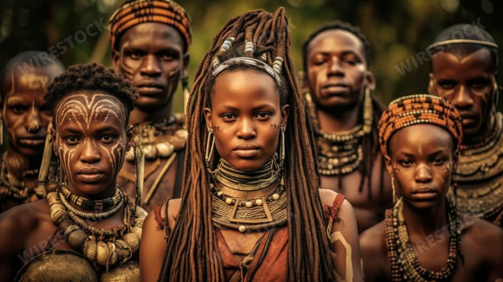 An AI generated illustration of African people wearing traditional clothing standing in a forest