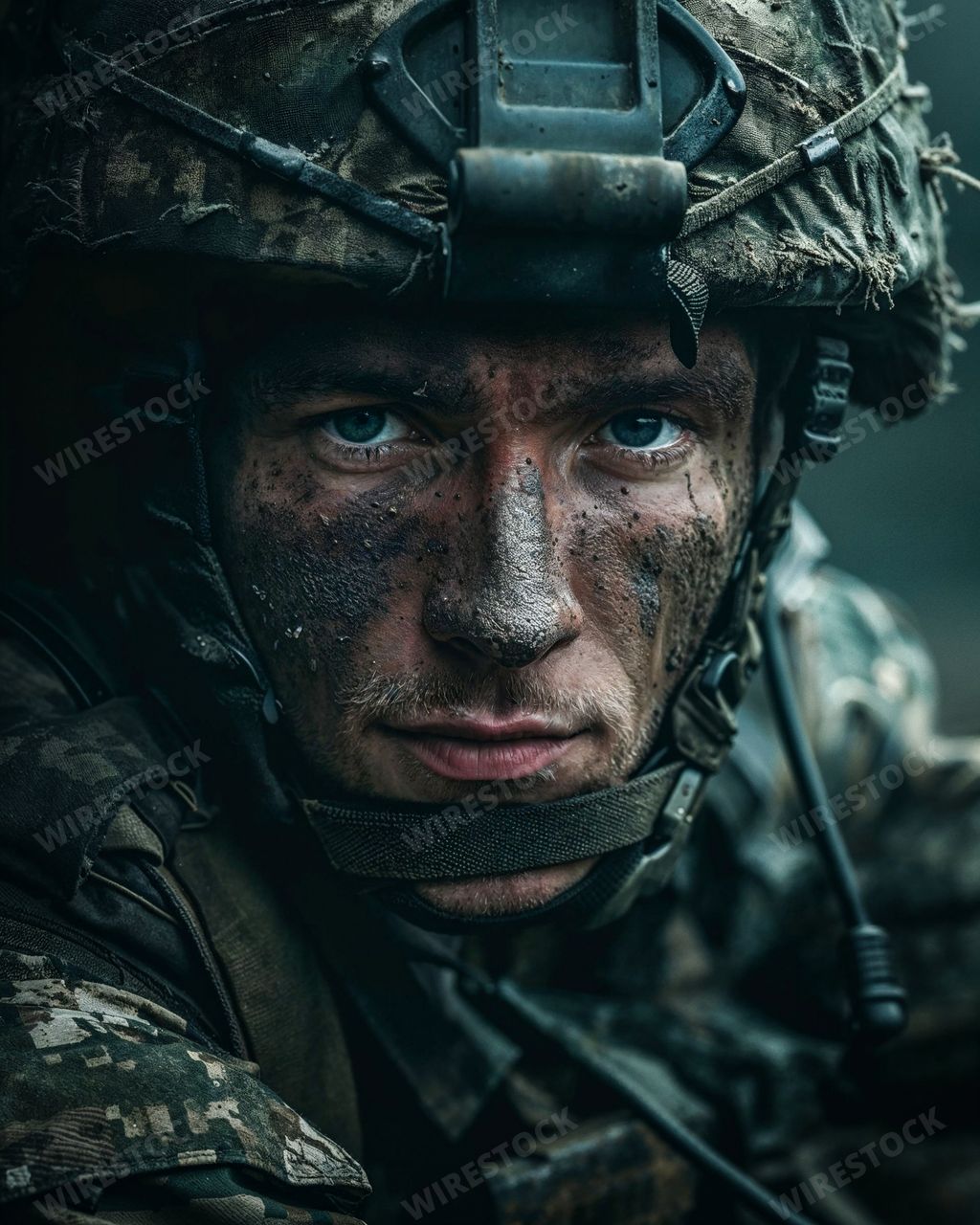 An AI generated illustration of a soldier with his face covered with mud - concept of resilience