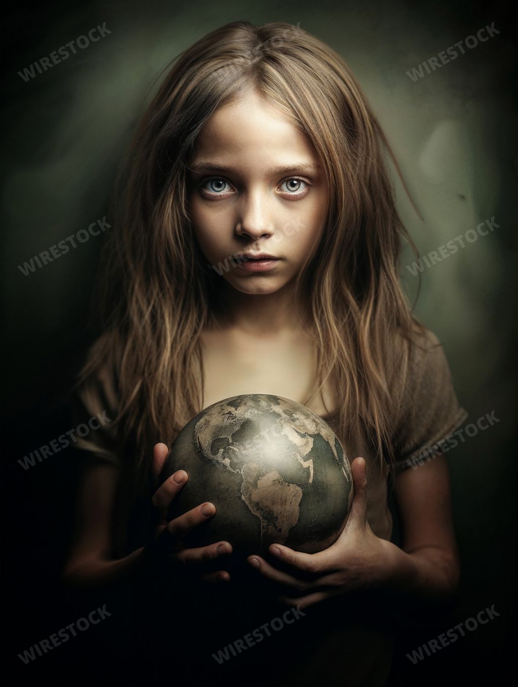 A girl with piercing eyes holding a globe, surrounded by a mysterious green haze. Ai generated