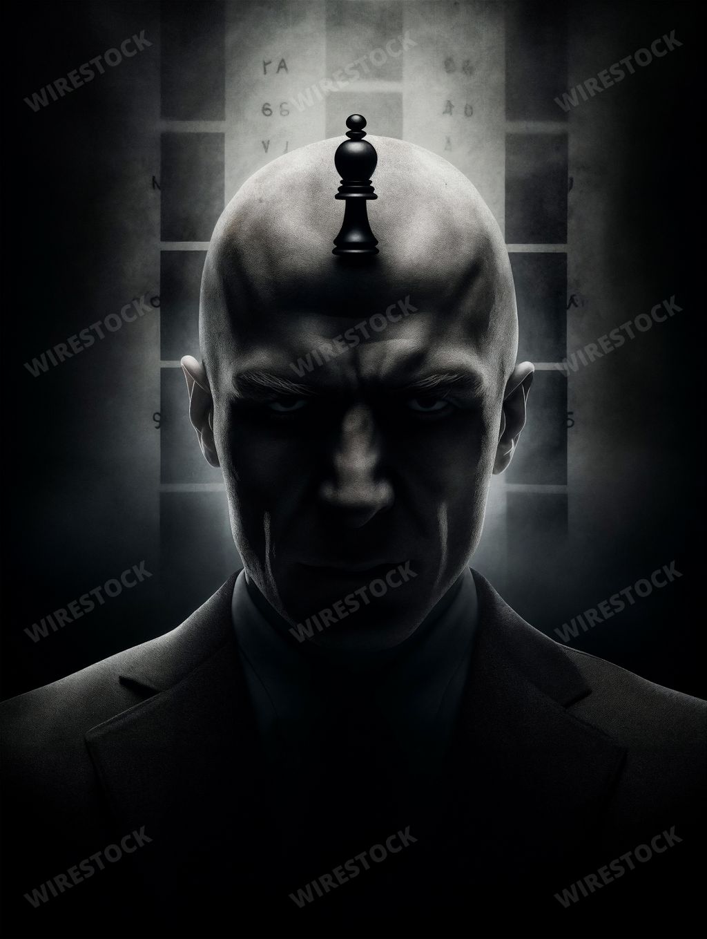 An AI generated illustration of a man crowned with a single chess pawn