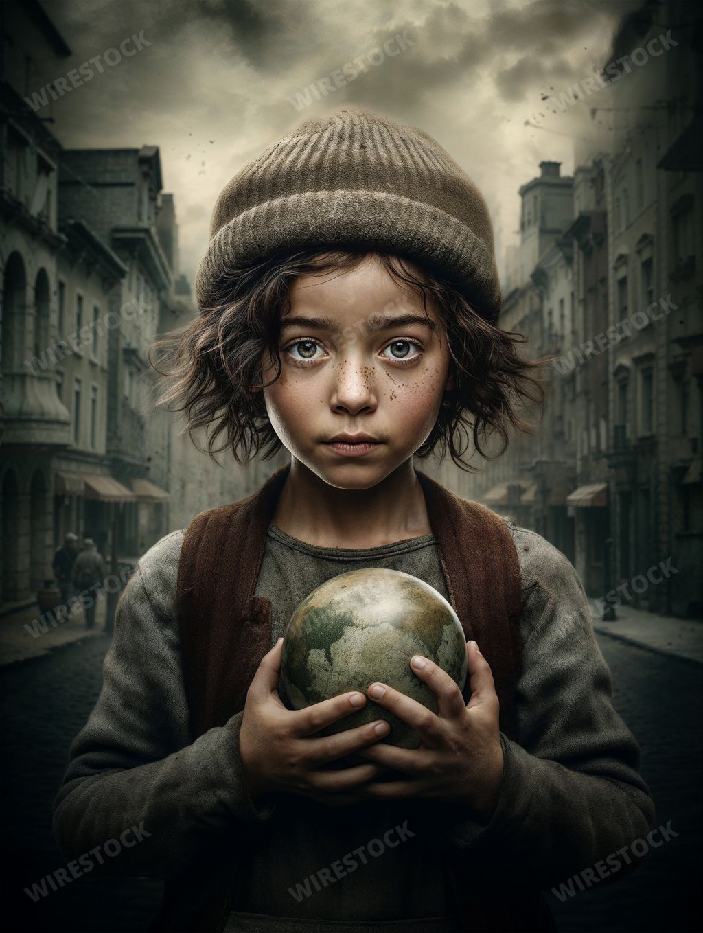 An AI-generated illustration of a child holding the globe of the world