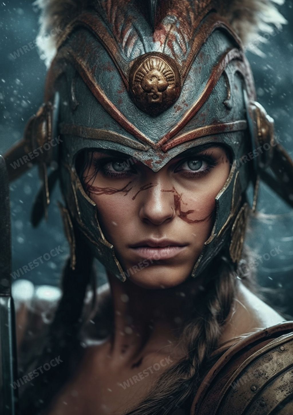 An AI generated illustration of a female warrior in traditional greek armor stands with a determined expression