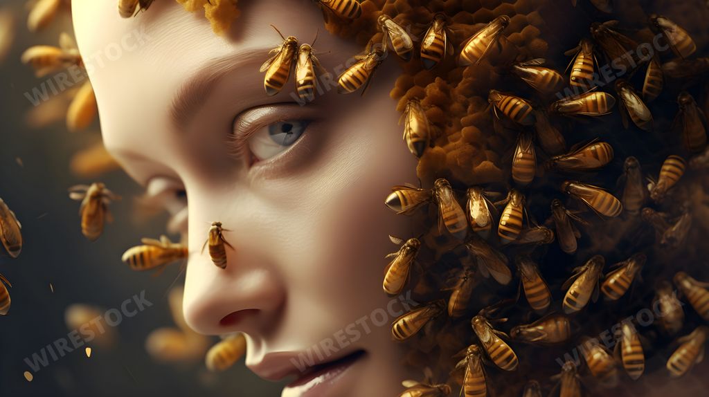 An AI generated illustration of a woman's face surrounded by bees