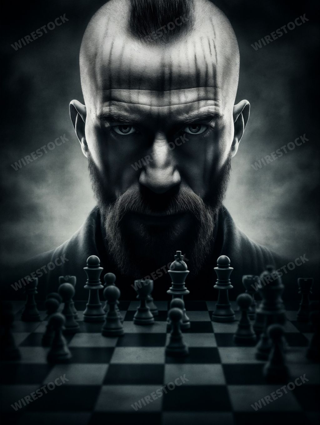 An AI generated illustration of  a man with a bald head, intensely focused on a chess game before him