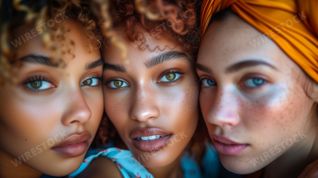 An AI generated illustration of women, their freckles like stars against their skin, sharing a moment of unity and serene beauty
