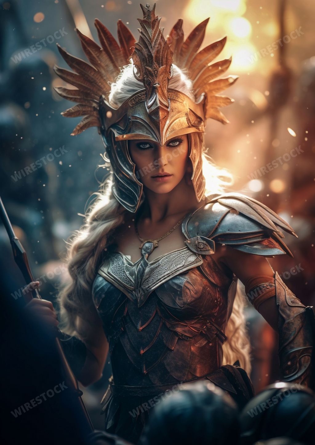 An AI generated illustration of a female warrior in traditional greek armor stands with a determined expression