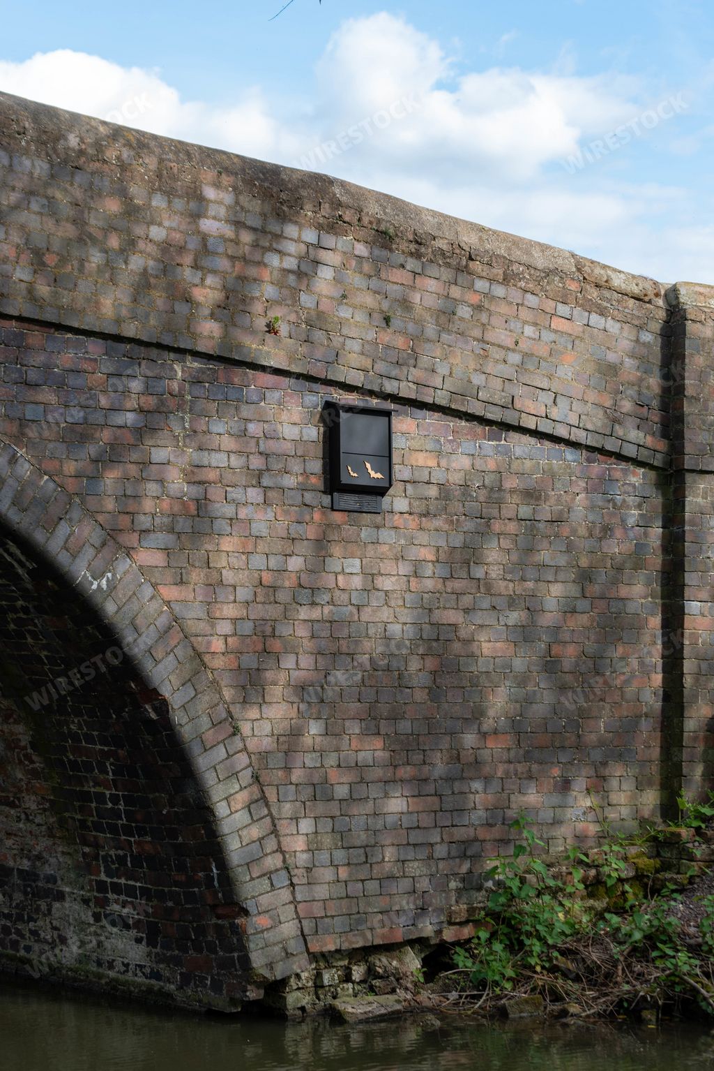 A vertical shot of a bridge wall with colorful bricks over a green lake