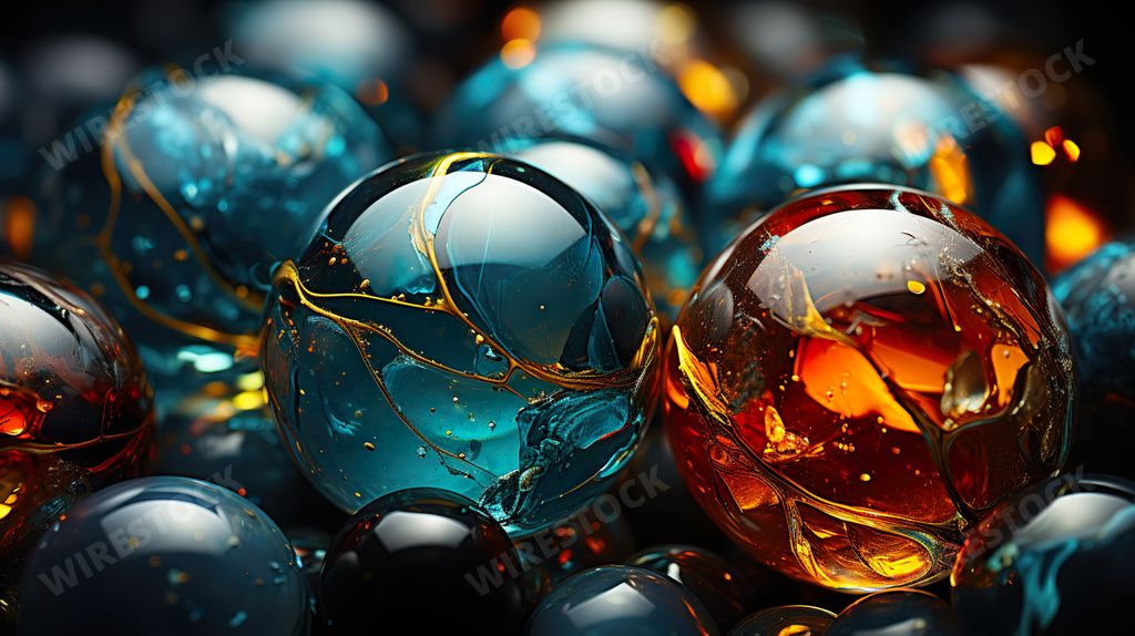 A vibrant and varied display of multicolored glass spheres with cracks. AI-generated.