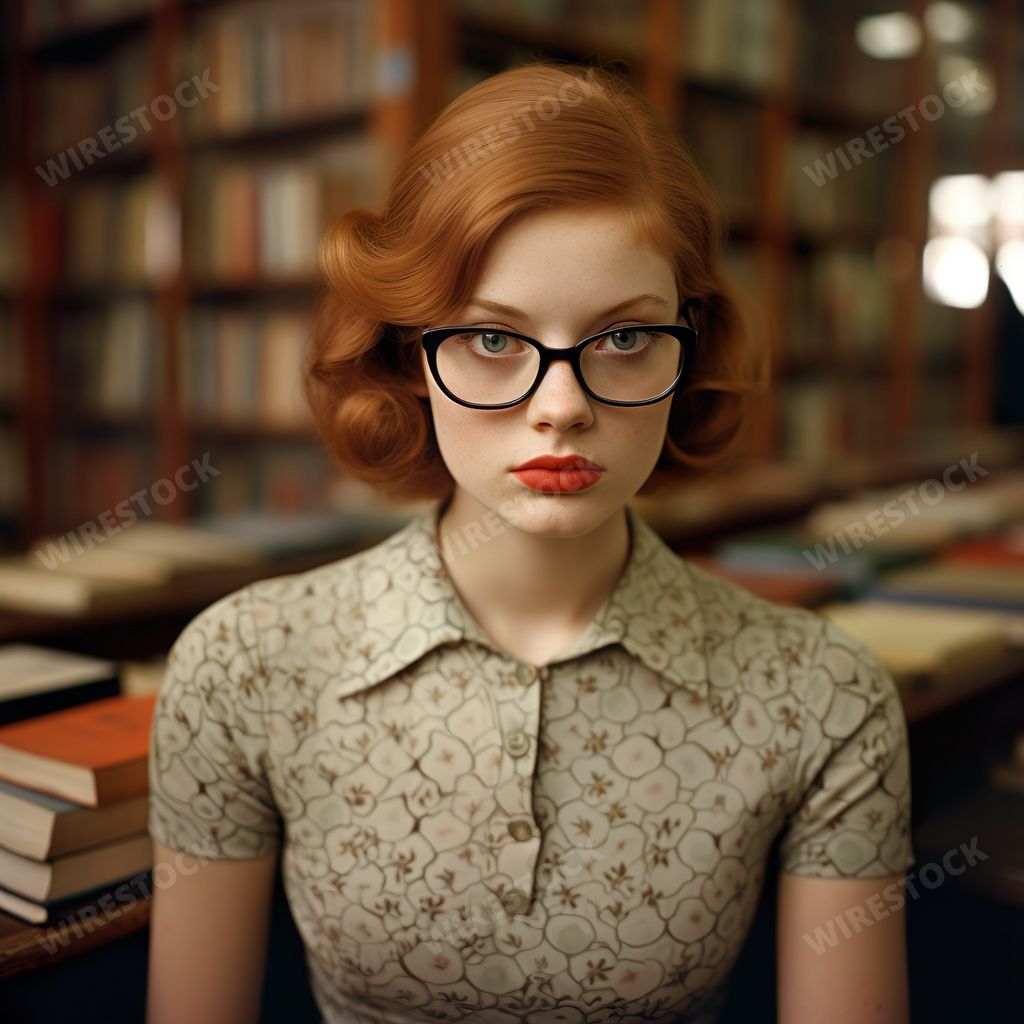An AI generated illustration of A beautiful female  with bright red hair and eyeglasses in a library
