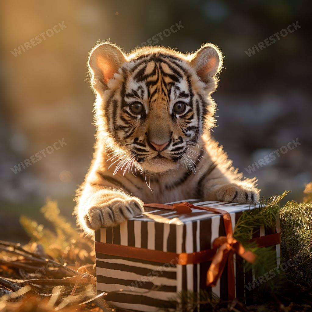 An AI generated illustration of an adorable tiger cub atop a festive gift box