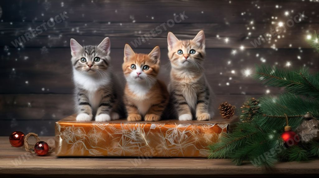 An AI generated illustration of Three adorable kittens perched atop a festive Christmas present box with pinecones