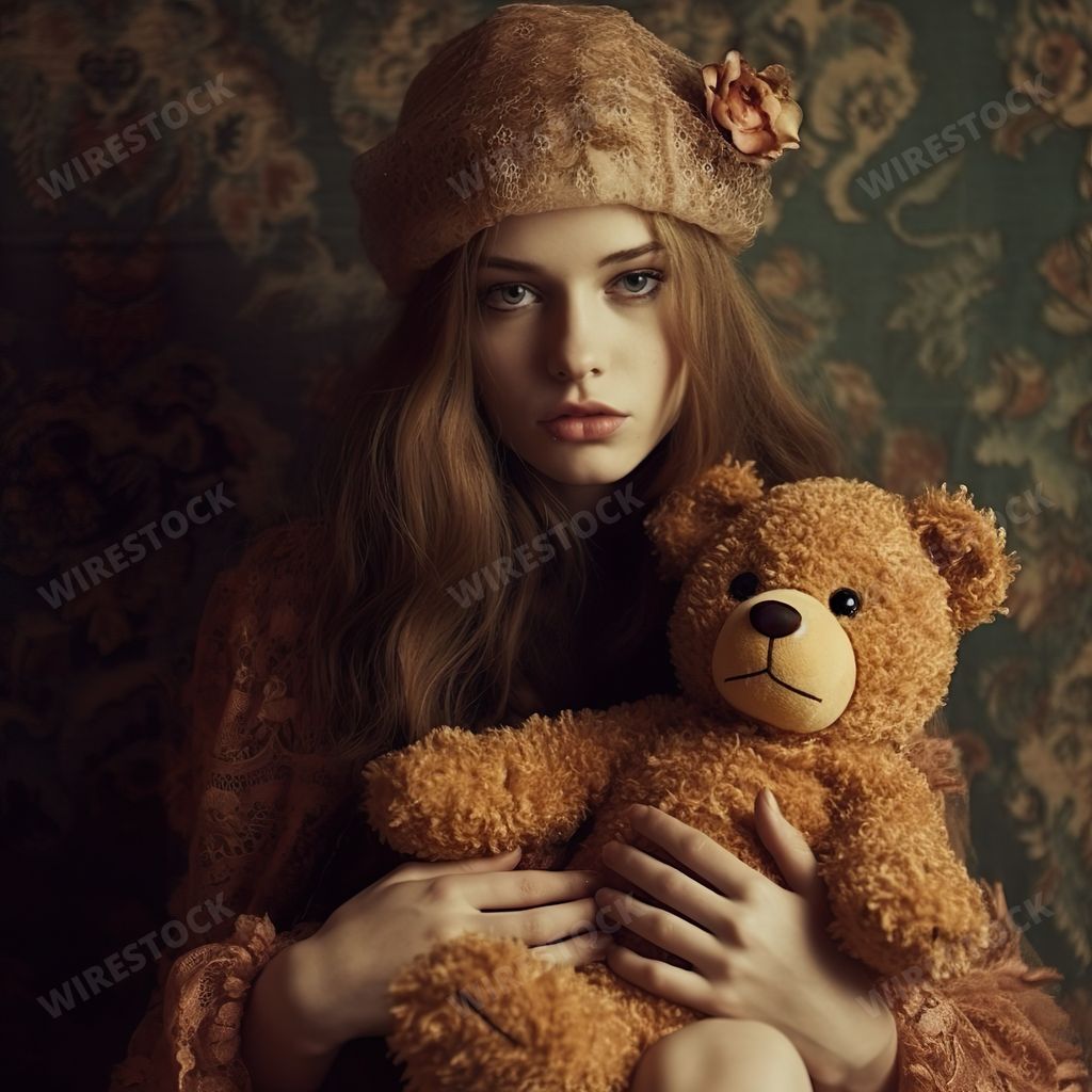 An AI generated illustration of a young woman holding a teddy bear
