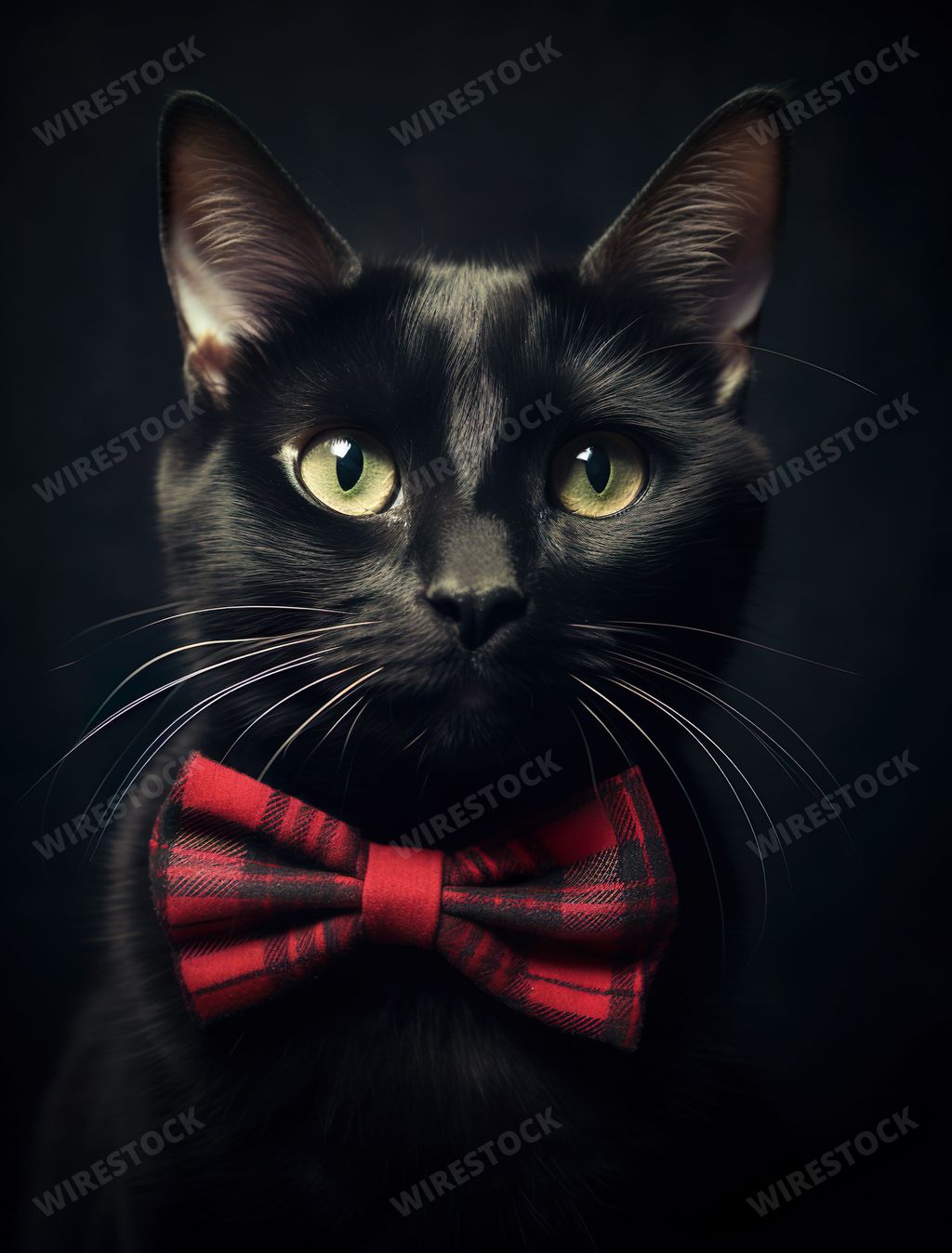 An AI generated illustration of an adorable black cat wearing a bow tie on a dark backdrop