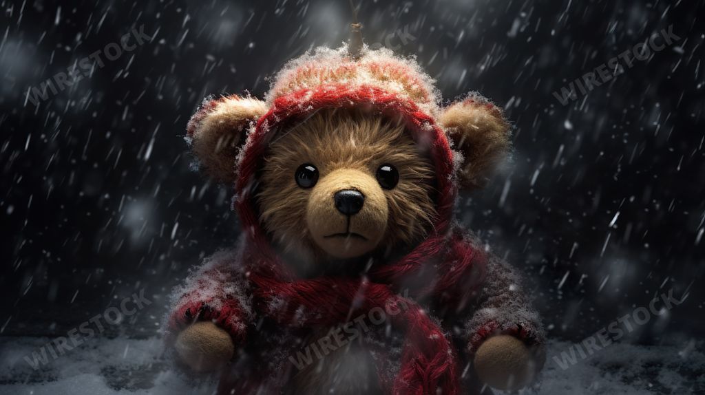 A brown teddy bear wearing a red scarf sitting in the snowy forest