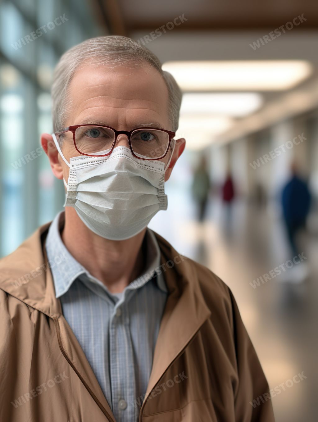 An AI generated illustration of a man wearing protective eyewear and a surgical face mask in a hospital