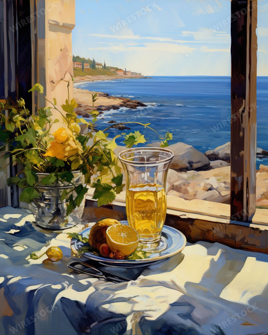 An AI generated illustration of A vibrant still life painting depicting a wooden table with a glass of water and plate of ripe, juicy fruits