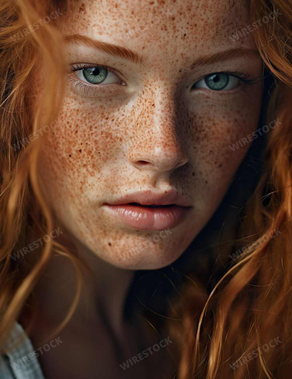 An AI generated illustration of a beautiful young freckled female with green eyes and ginger hair