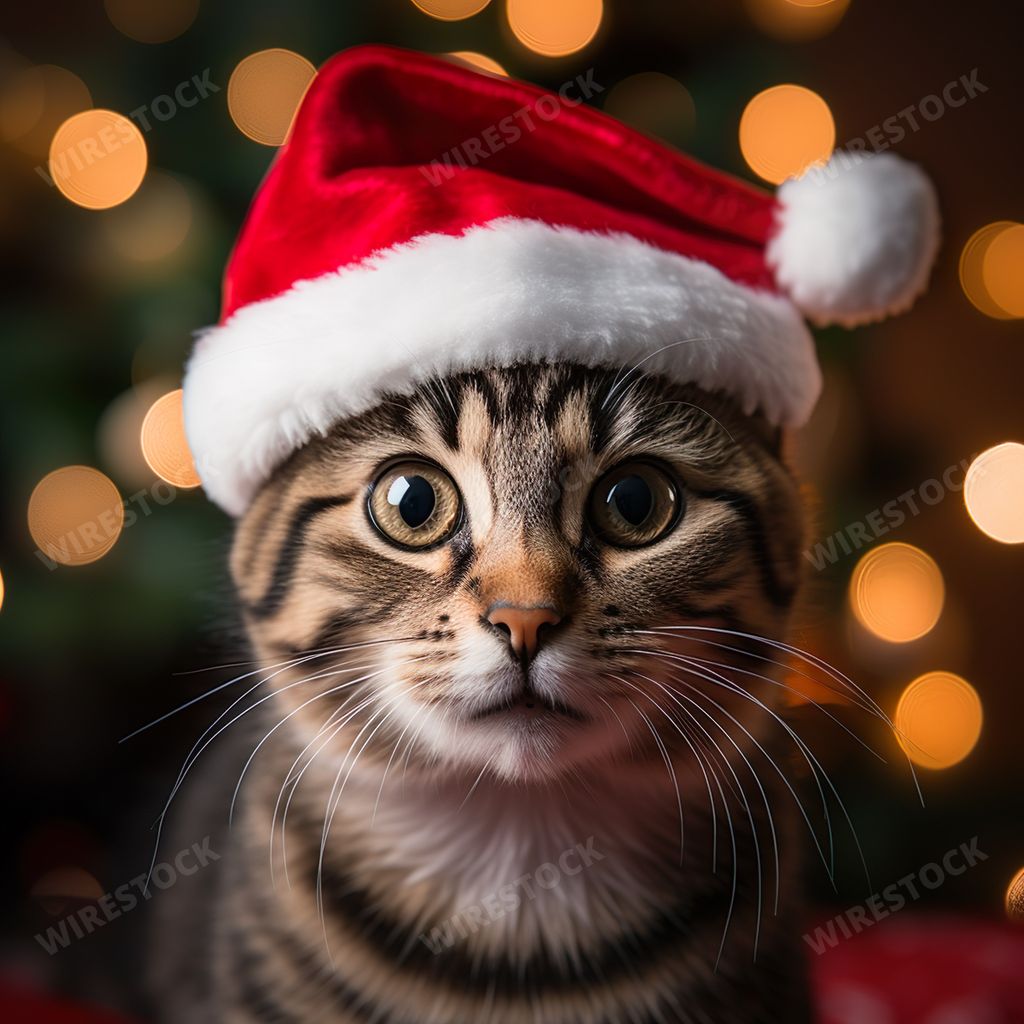 An AI generated illustration of a cute tabby cat wearing a Santa Claus hat