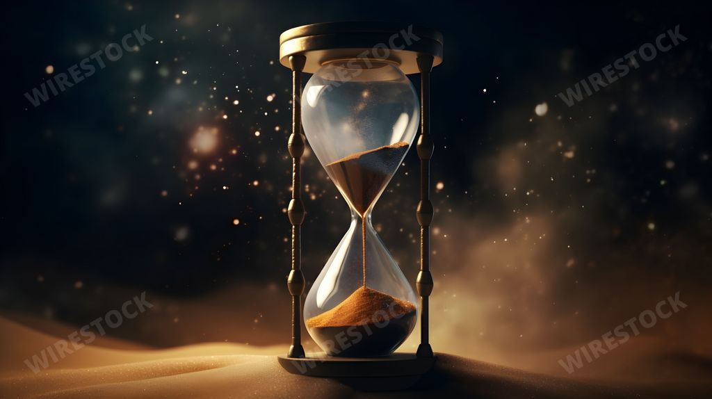 An AI-generated illustration of an hourglass with sand cascading through the center.