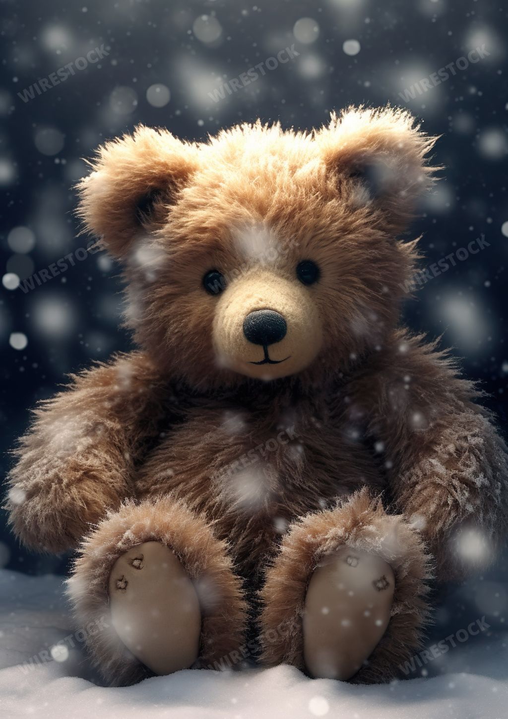 An AI generated illustration of A plush teddy bear sits alone on a snow-covered surface