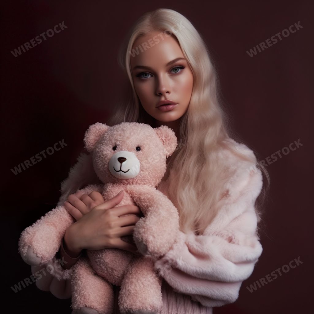 An AI generated young woman with blond hair holding a pink toy bear