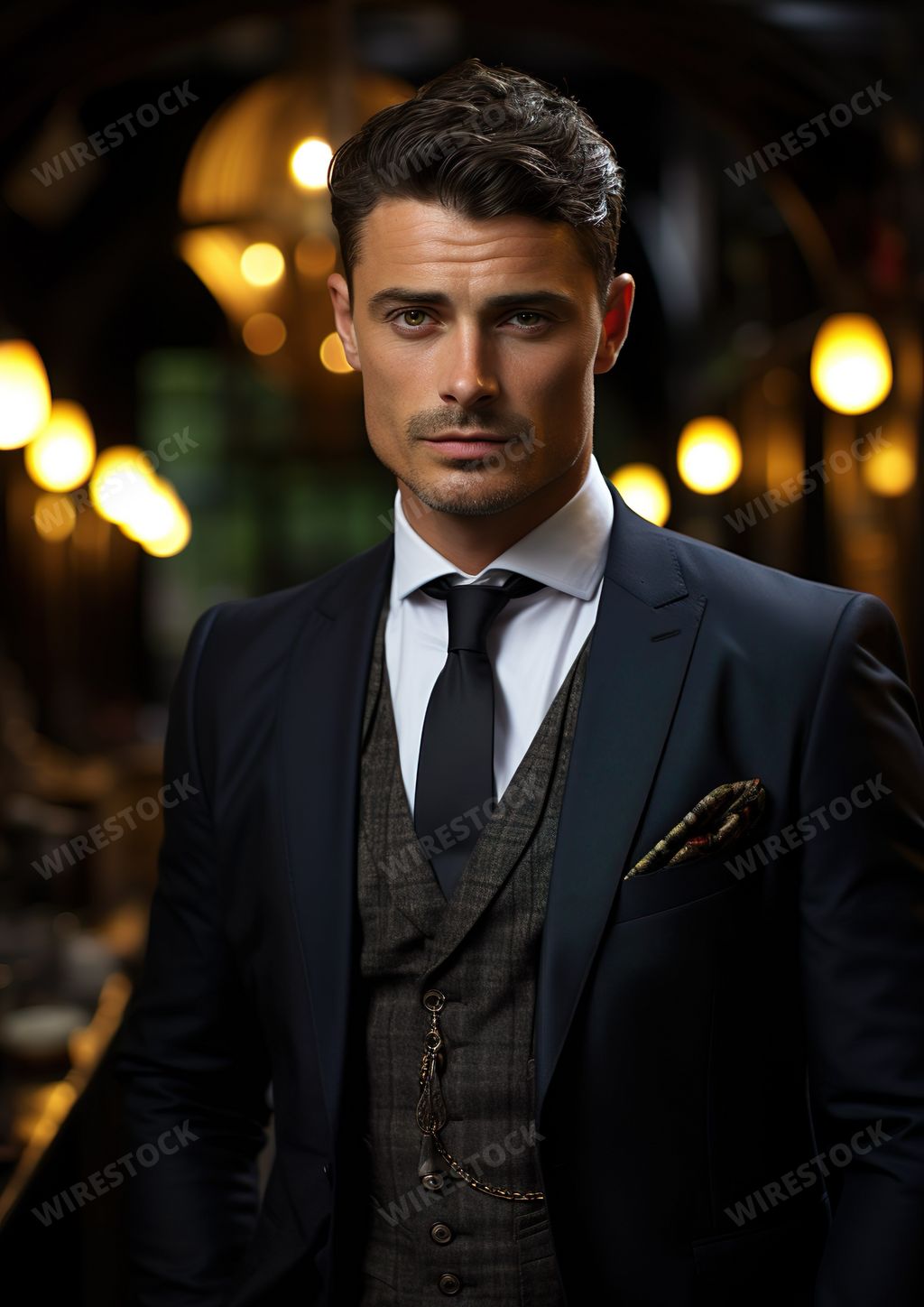 A successful looking man in a suit and tie is standing confidently in a professional setting