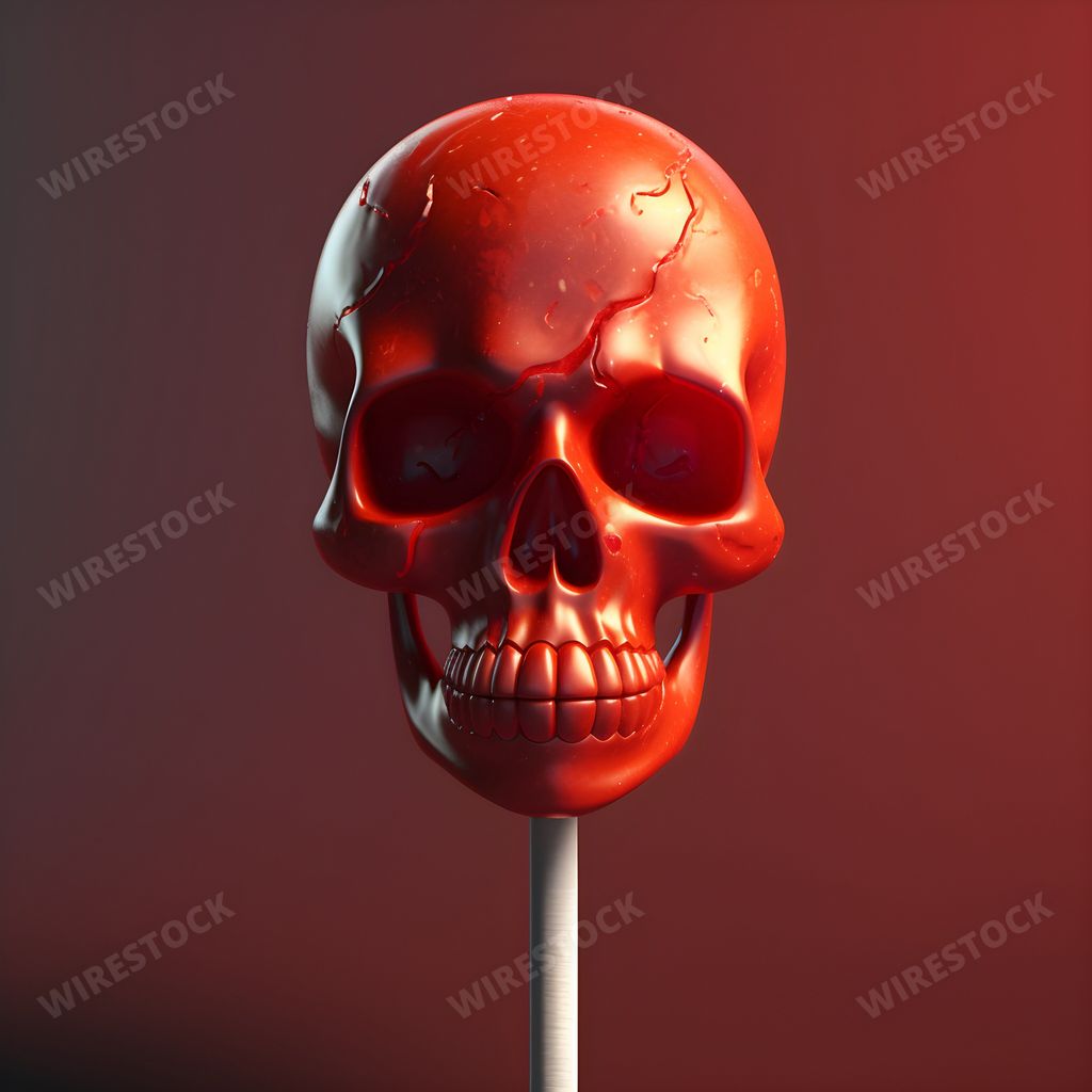 An AI generated illustration of a vivid red lollipop shaped like a skull
