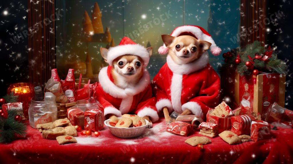 An AI generated illustration of adorable Chihuahuas in Santa clothes against Christmas trees