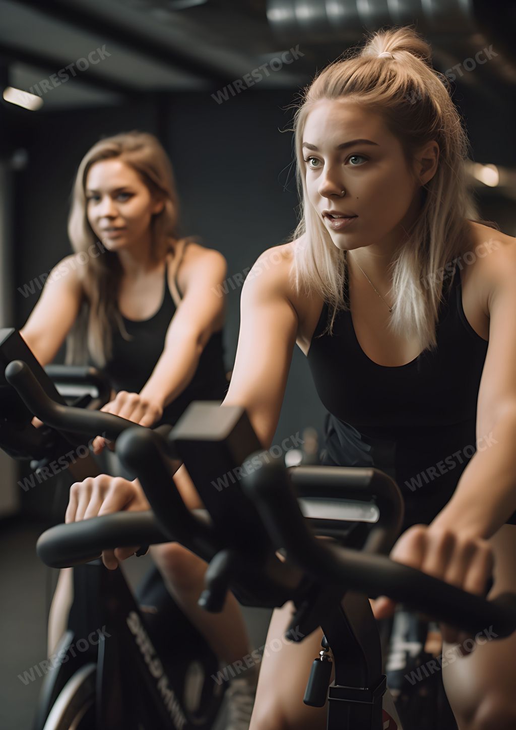 An AI generated illustration of two female fitness models working out on a stationary bike in a gym