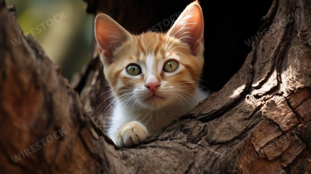 An AI generated illustration of an adorable orange kitten perched atop a tree trunk, looking with curious eyes