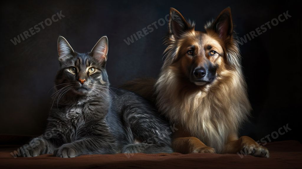 An AI generated illustration of two majestic canines, a grey cat and a German shepherd against a dark background