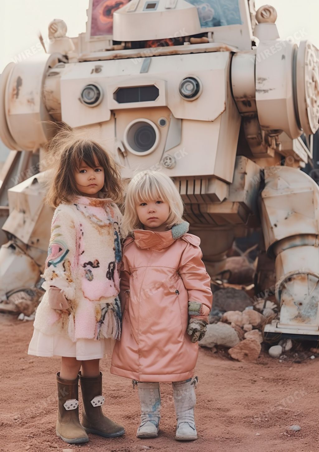 An AI generated illustration of Two young children standing in front of a robot