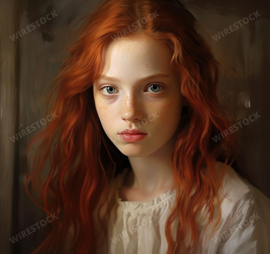 An AI generated illustration of a beautiful young woman with vibrant red hair and freckles