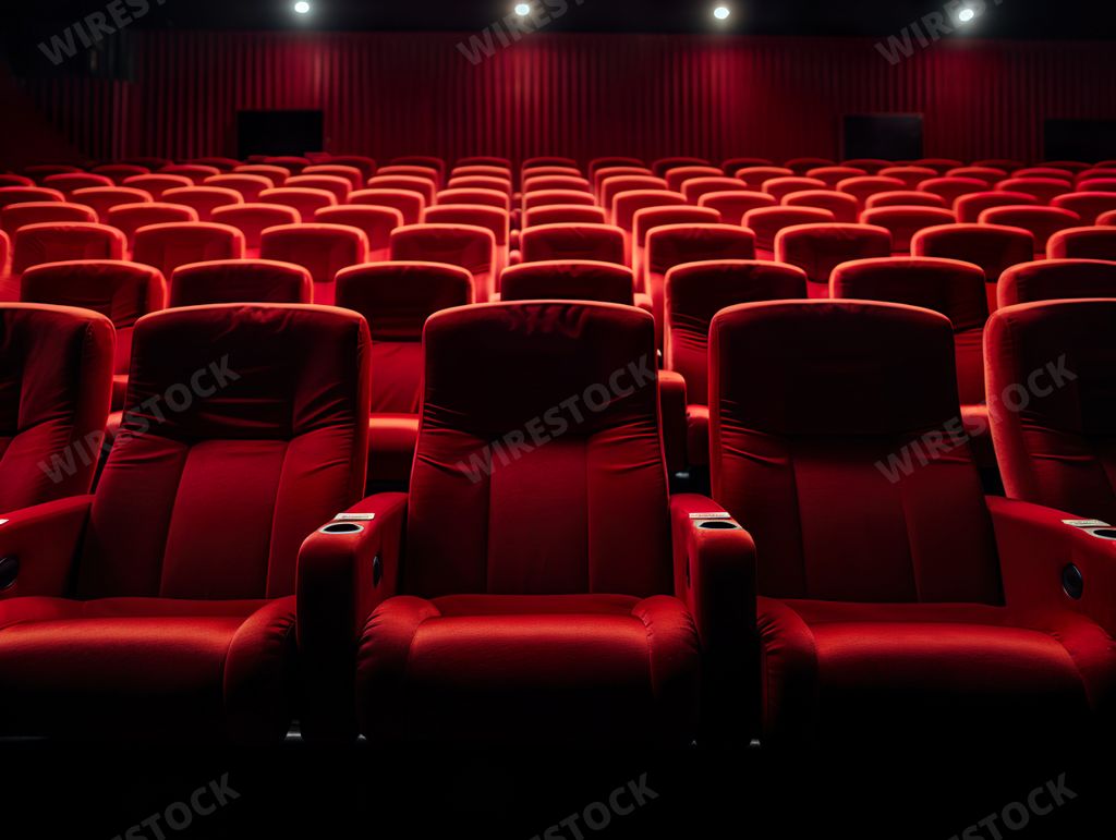 An AI generated illustration of rows of empty seats in a dimly lit room at the cinema