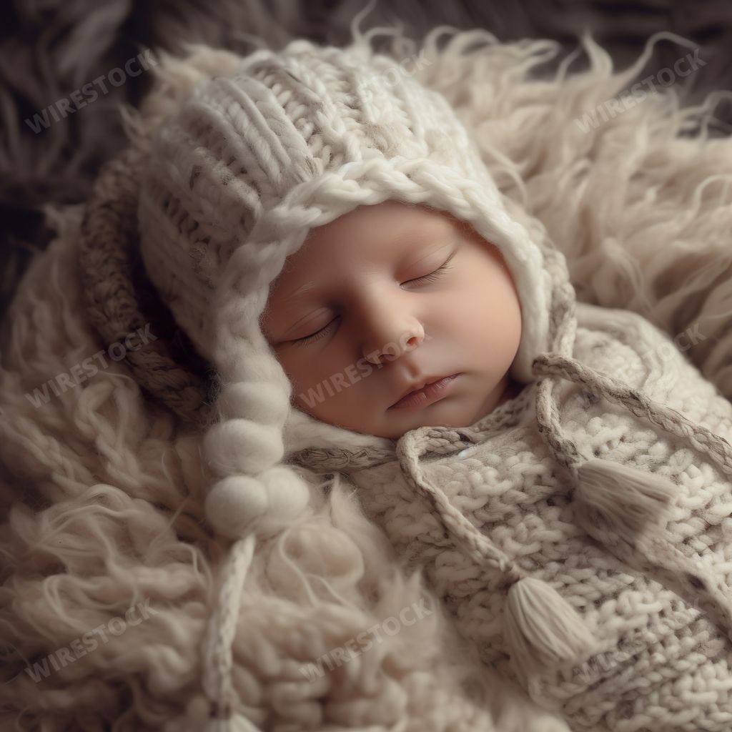 An AI generated illustration of a sleeping newborn baby lying peacefully amidst a cozy array of knitted blankets, surrounded by warmth and comfort