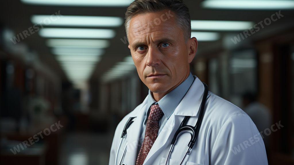 An AI generated illustration of a male doctor wearing a white medical coat and stethoscope