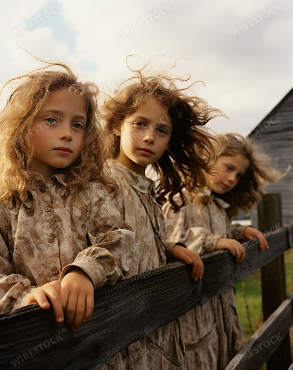 An AI generated illustration of Three young women in identical coats stand near a fence in a rural farm yard, looking directly at the viewer