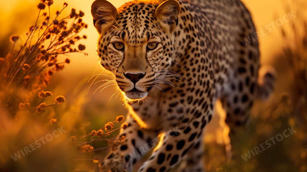 An AI generated illustration of A beautiful leopard walks through its natural habitat with a stunning orange and yellow sunset backdrop