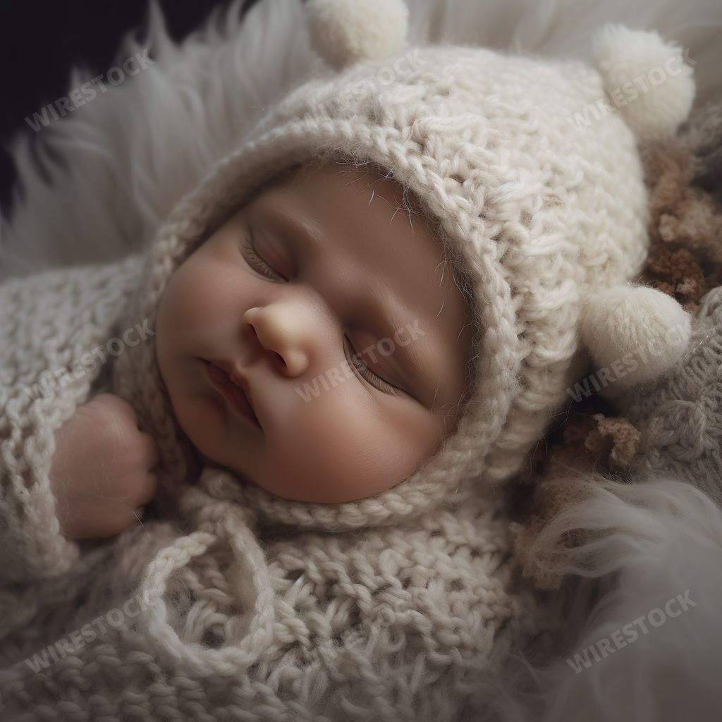 An AI generated illustration of a sleeping newborn baby lying peacefully amidst a cozy array of knitted blankets, surrounded by warmth and comfort