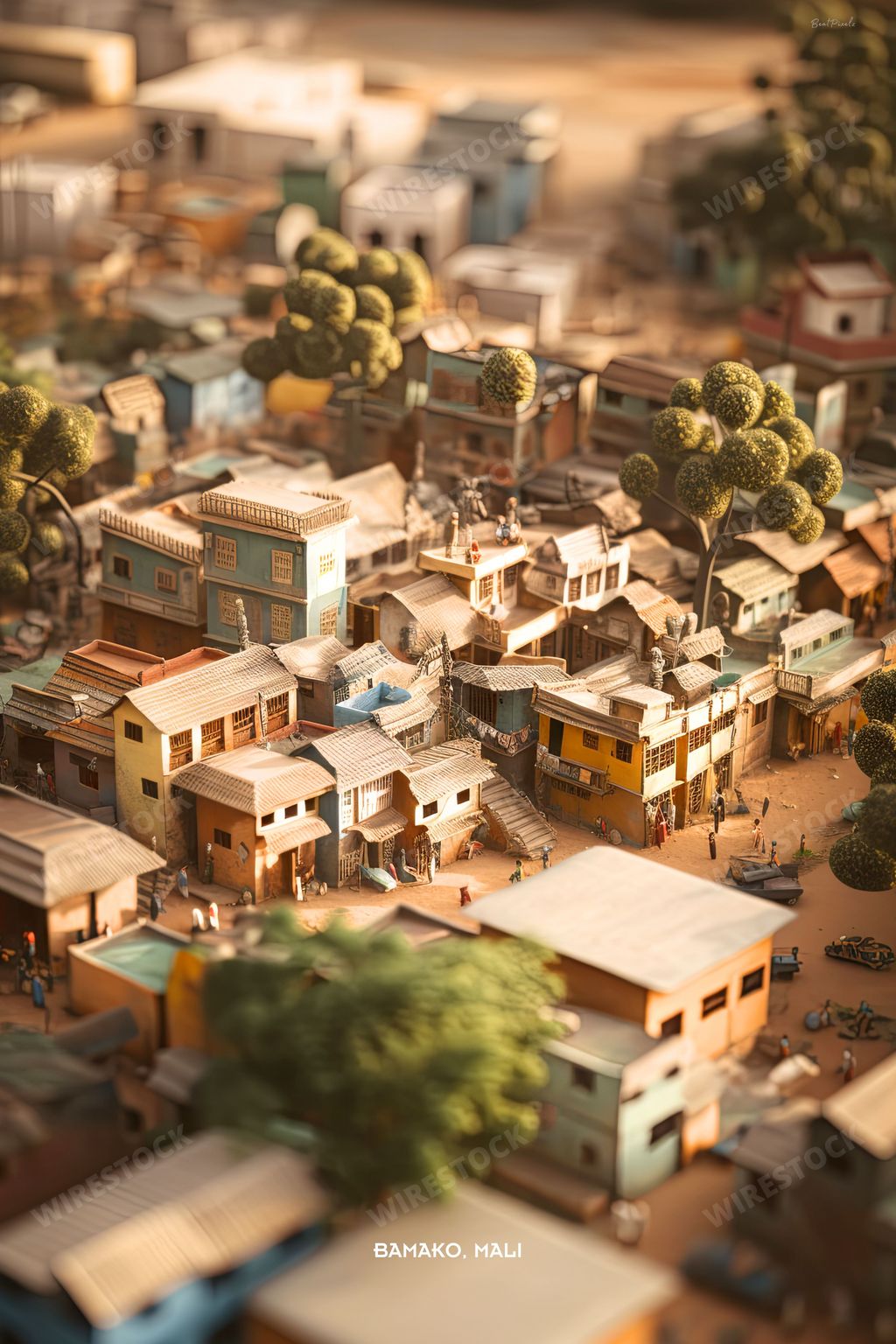 Discover the bustling streets of Bamako with this design, showcasing the city's vibrant markets and cultural heritage, AI generated
