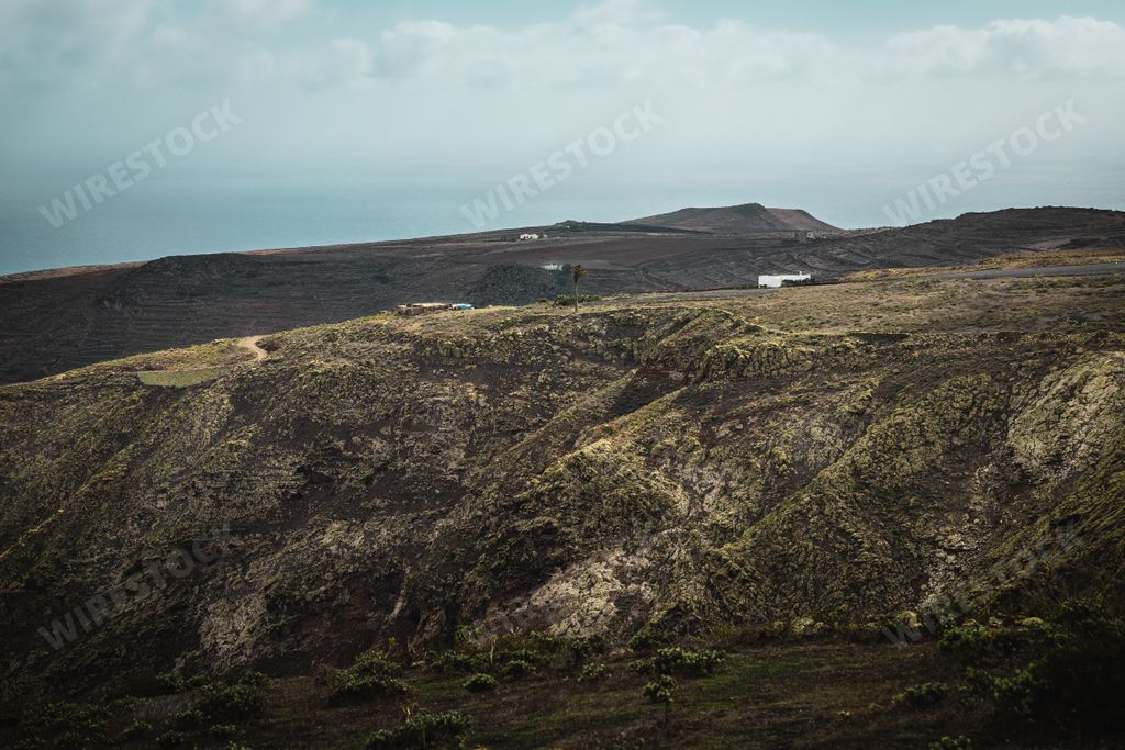 Landscape of Valle de Malpaso in Lanzarote, Canary Islands with cloudy sk