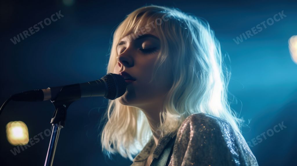 An AI generated illustration of a young blonde woman singing into a microphone