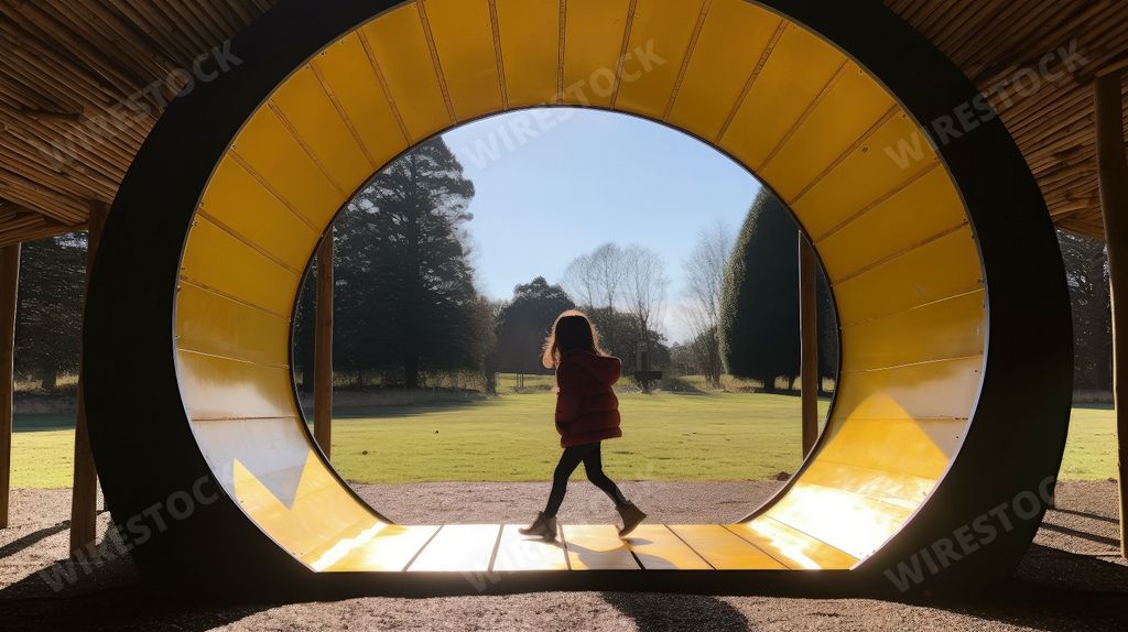 An AI generated girl standing a circle of artwork in a meadow