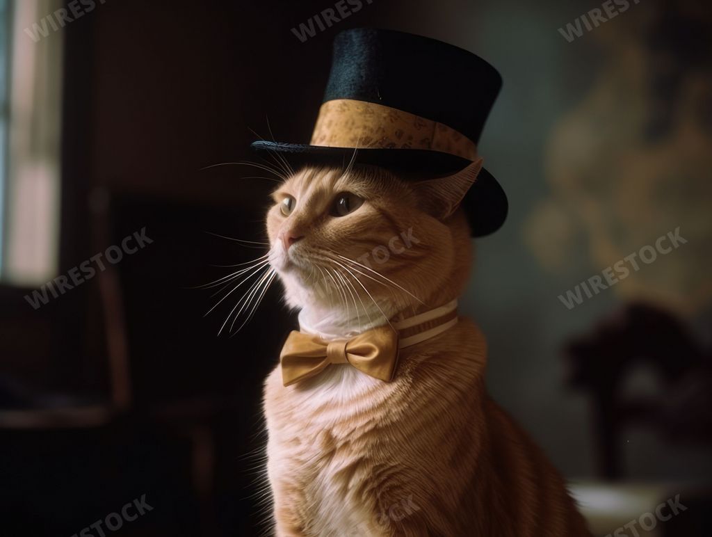 An AI-generated illustration of a ginger cat wearing a top hat and a bow.
